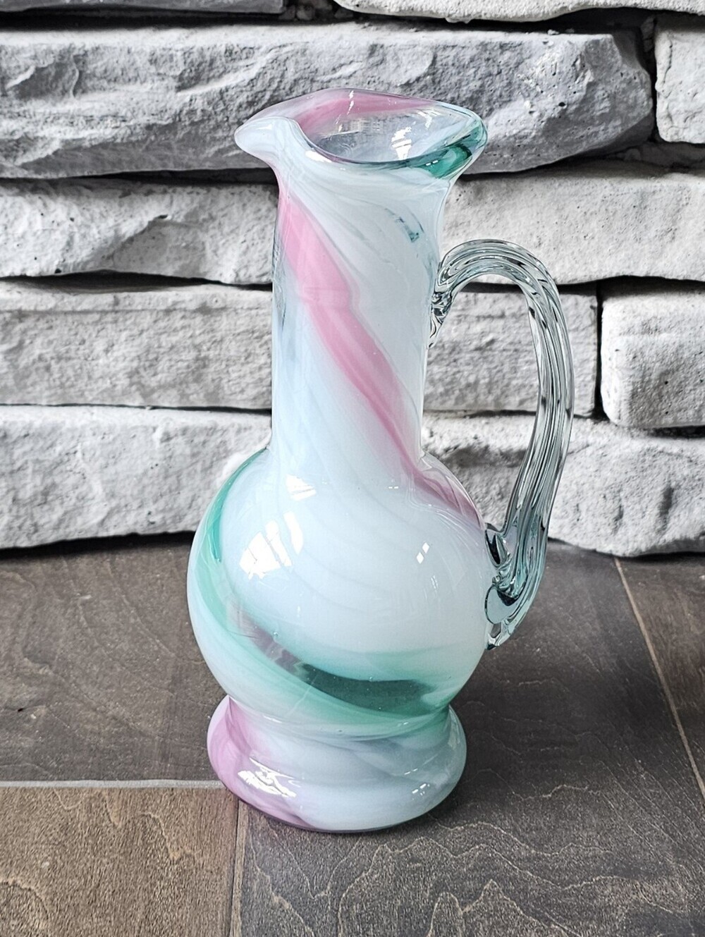 Beautiful Handblown Glass Pitcher Vase in Pastel Pink, Green & White - MCM